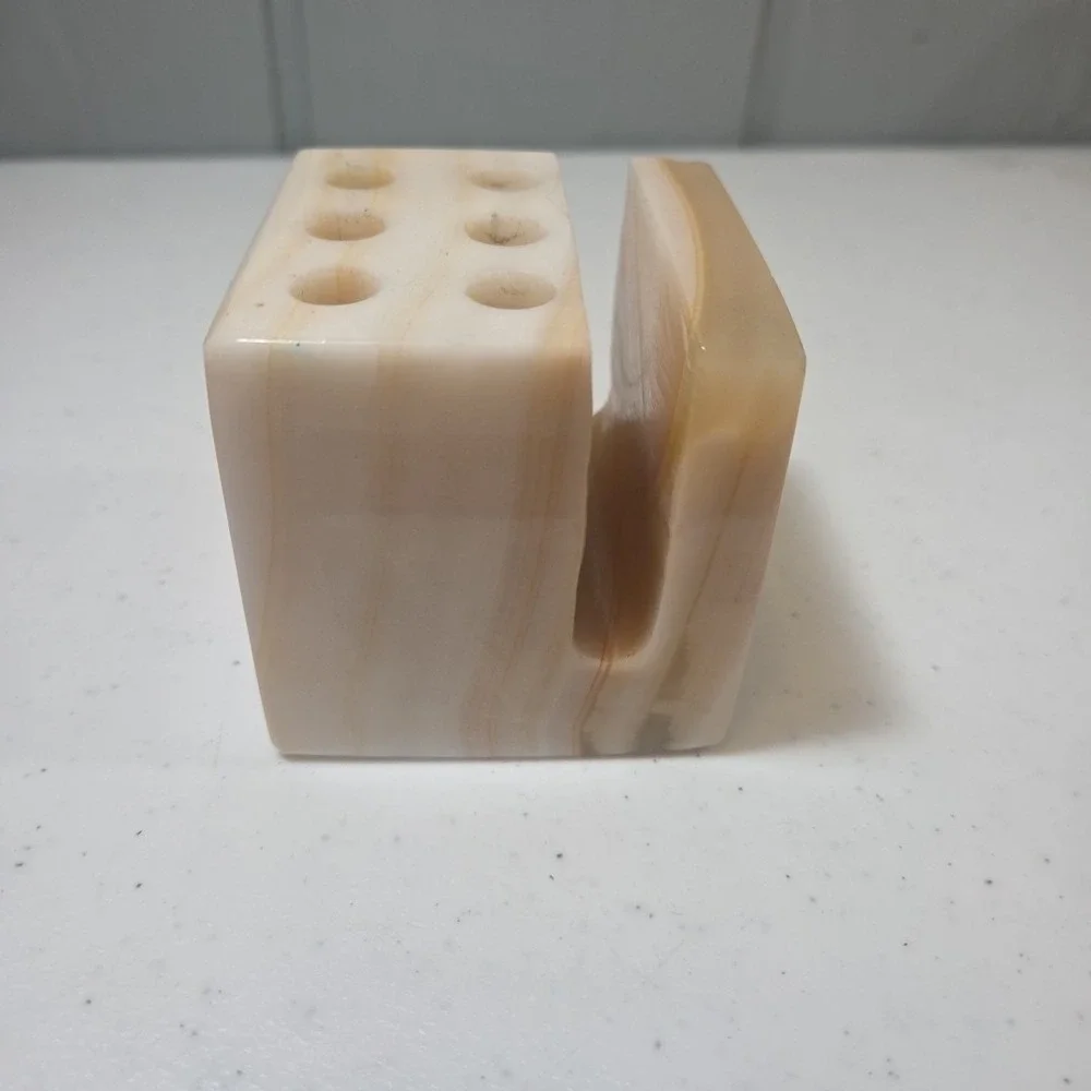 Vintage Marble Onyx Cube Pen & Letter Holder Desktop Organizer Heavy Quality